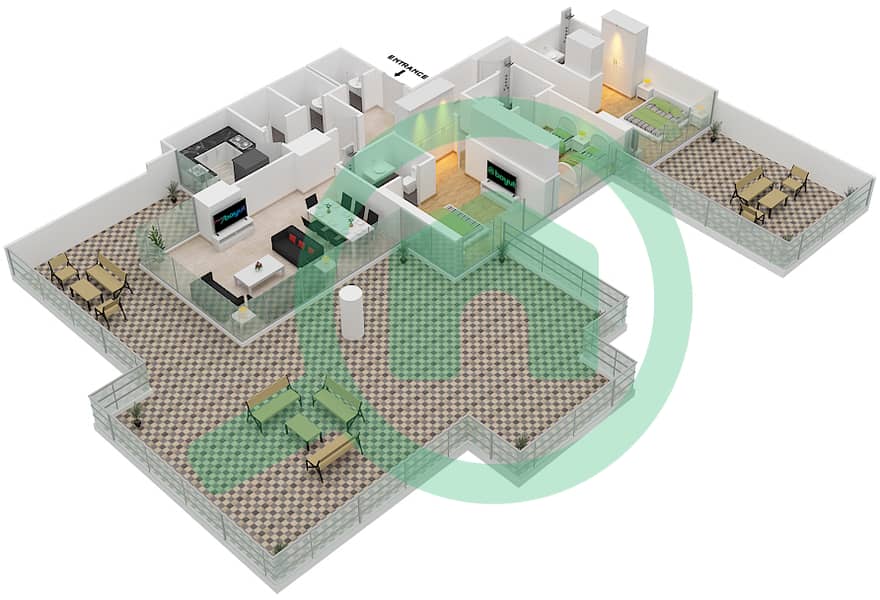 المخططات الطابقية لتصميم الوحدة 2 FLOOR 2 شقة 3 غرف نوم - ياسمين A Floor 2 interactive3D