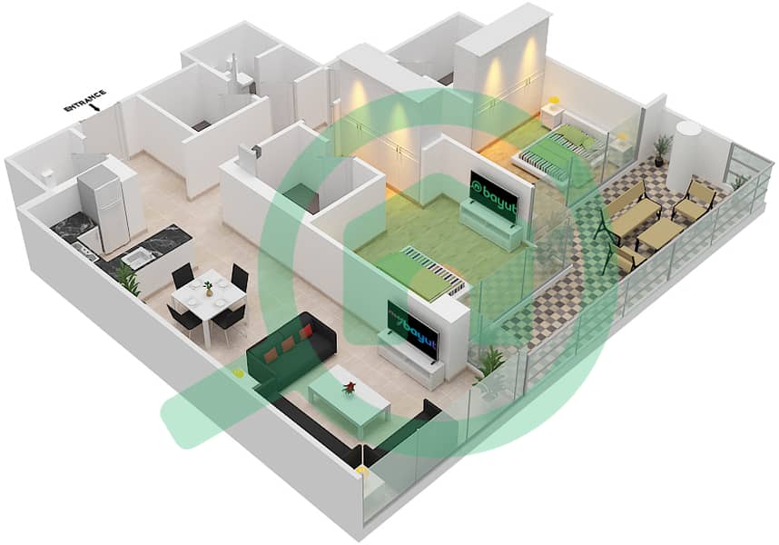 المخططات الطابقية لتصميم الوحدة 10 FLOOR 2 شقة 2 غرفة نوم - ياسمين A Floor 2 interactive3D