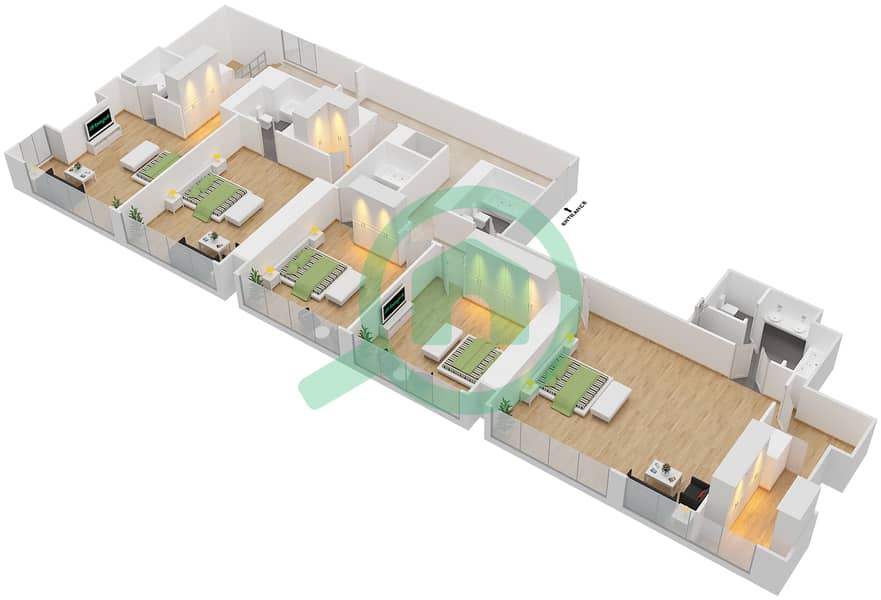 المخططات الطابقية لتصميم النموذج 4B شقة 5 غرف نوم - أبراج النيشن B Upper FLoor 52-63 interactive3D