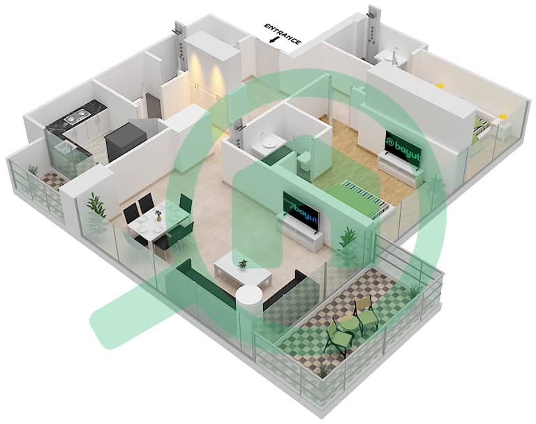 المخططات الطابقية لتصميم الوحدة 2A FLOOR 4 شقة 2 غرفة نوم - ياسمين A Floor 4 interactive3D