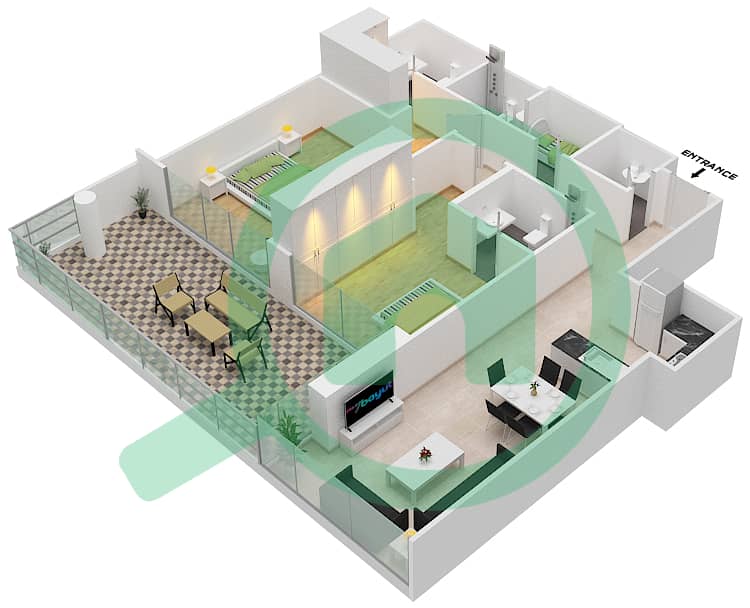 المخططات الطابقية لتصميم الوحدة 4 FLOOR 6 شقة 2 غرفة نوم - ياسمين A Floor 6 interactive3D