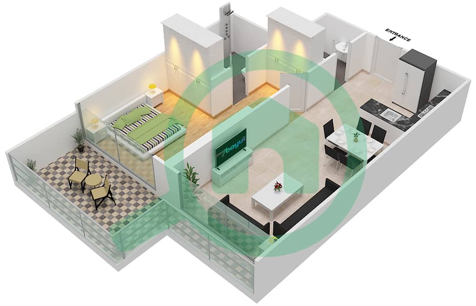 المخططات الطابقية لتصميم الوحدة 7B FLOOR 8 شقة 1 غرفة نوم - ياسمين A Floor 8 interactive3D