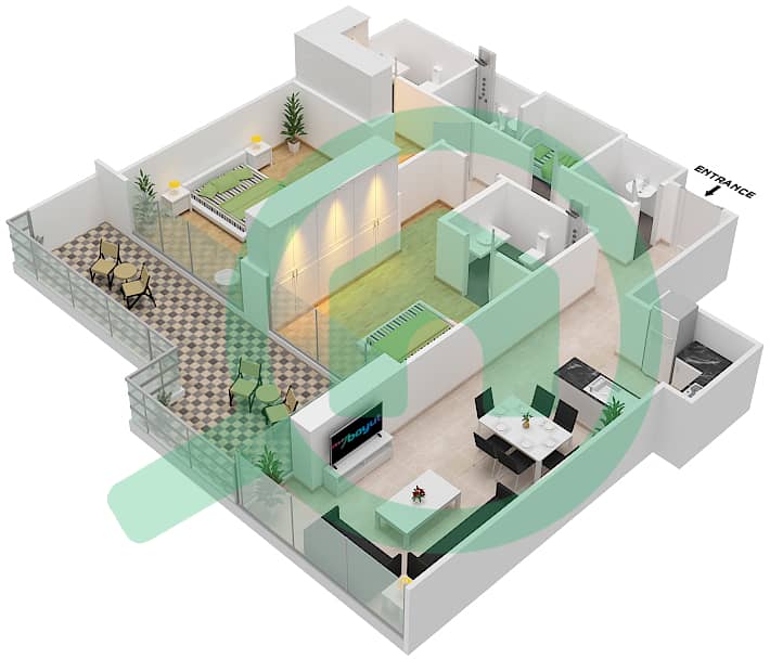 المخططات الطابقية لتصميم الوحدة 4 FLOOR 7 شقة 2 غرفة نوم - ياسمين A Floor 7 interactive3D