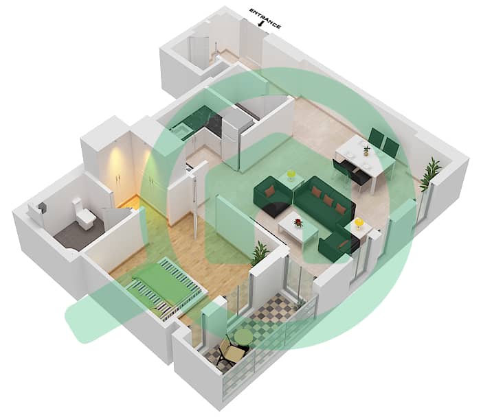 努尔1号楼 - 1 卧室公寓类型A戶型图 Floor 2-9 interactive3D