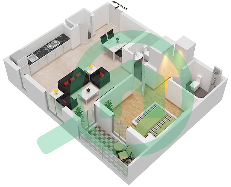 Нур 1 - Апартамент 1 Спальня планировка Тип B Floor 1-9 interactive3D