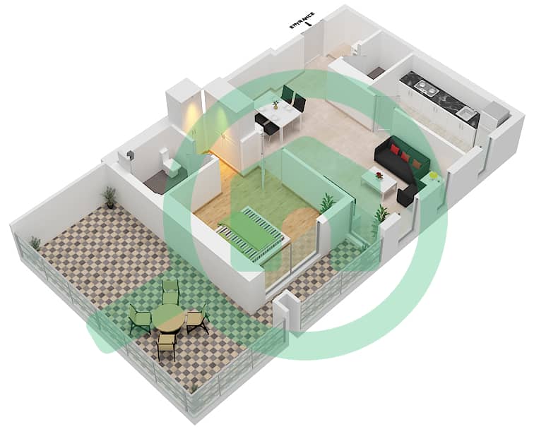 努尔1号楼 - 1 卧室公寓类型D1戶型图 Floor 1 interactive3D