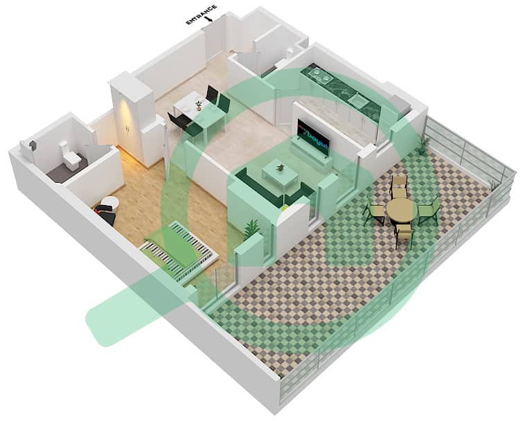努尔1号楼 - 1 卧室公寓类型E戶型图 Floor 1 interactive3D