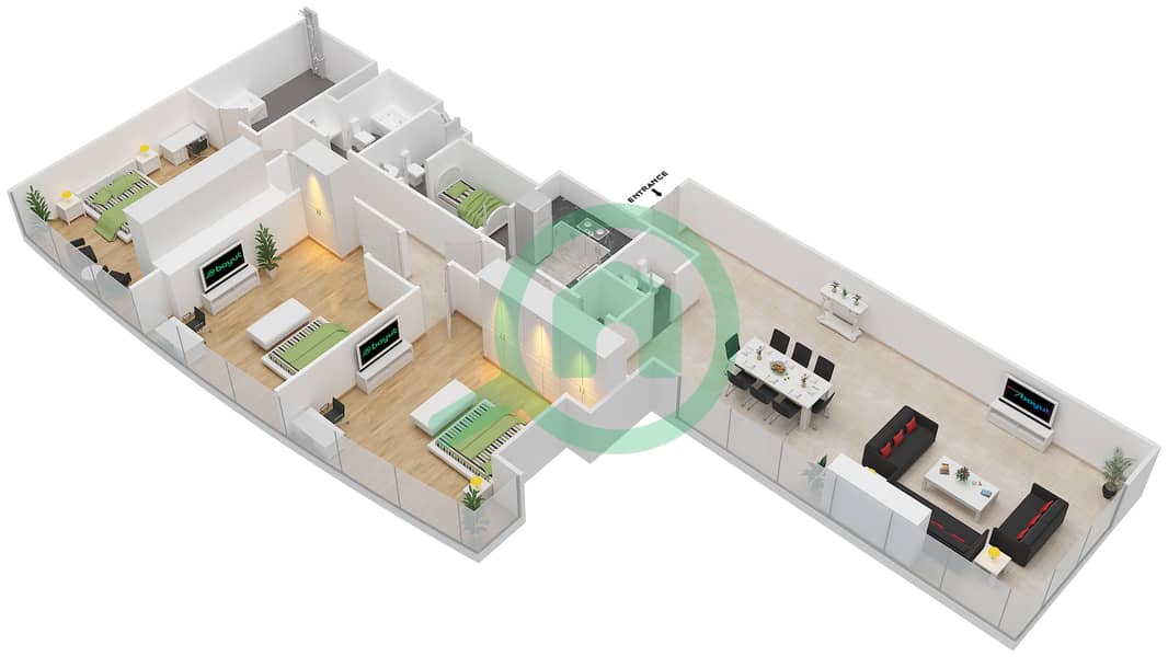 Тауэр Нэйшн A - Апартамент 3 Cпальни планировка Тип 3D Floor 54 interactive3D