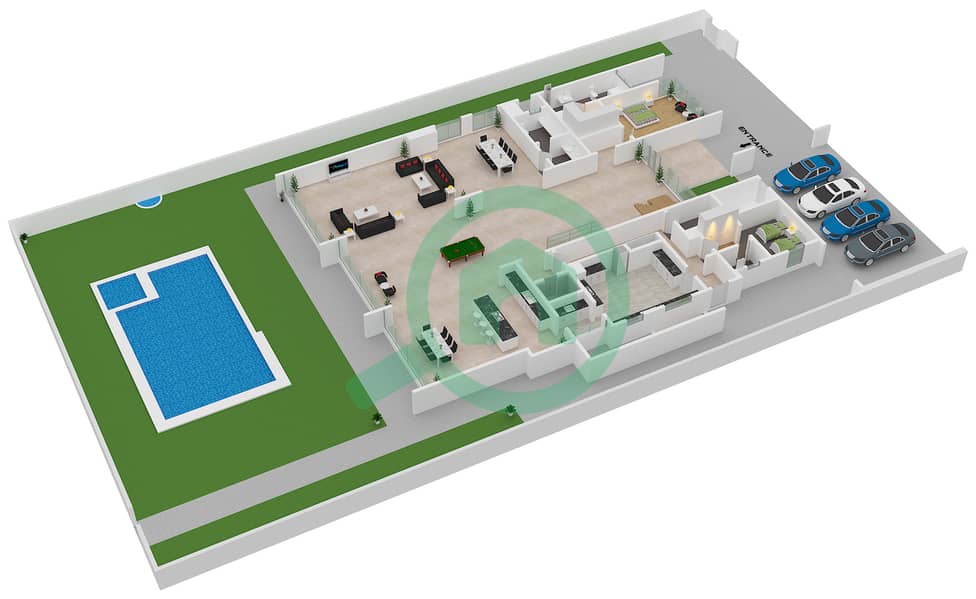 المخططات الطابقية لتصميم النموذج A فیلا 6 غرف نوم - بلو فيوز Ground Floor interactive3D