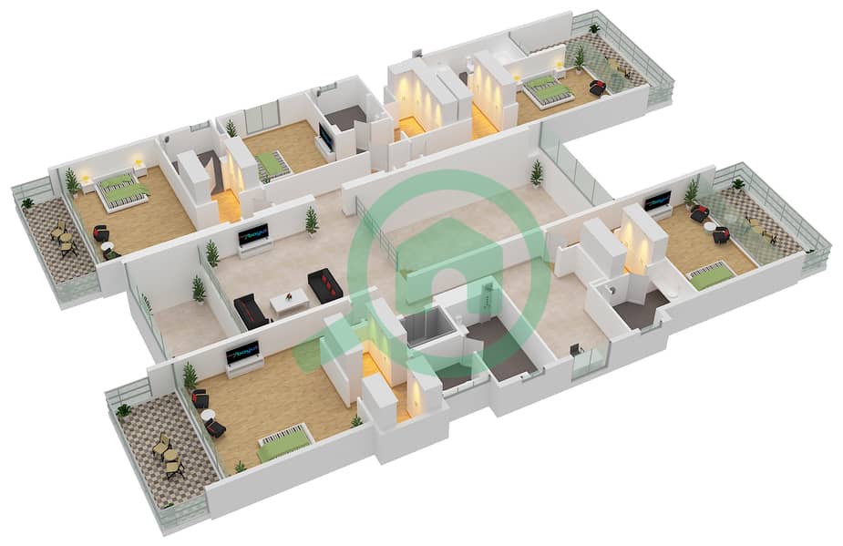 المخططات الطابقية لتصميم النموذج A فیلا 6 غرف نوم - بلو فيوز First Floor interactive3D