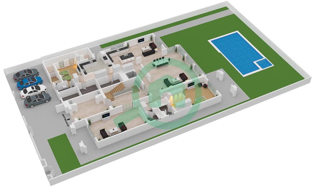 المخططات الطابقية لتصميم النموذج B فیلا 7 غرف نوم - بلو فيوز Ground Floor interactive3D