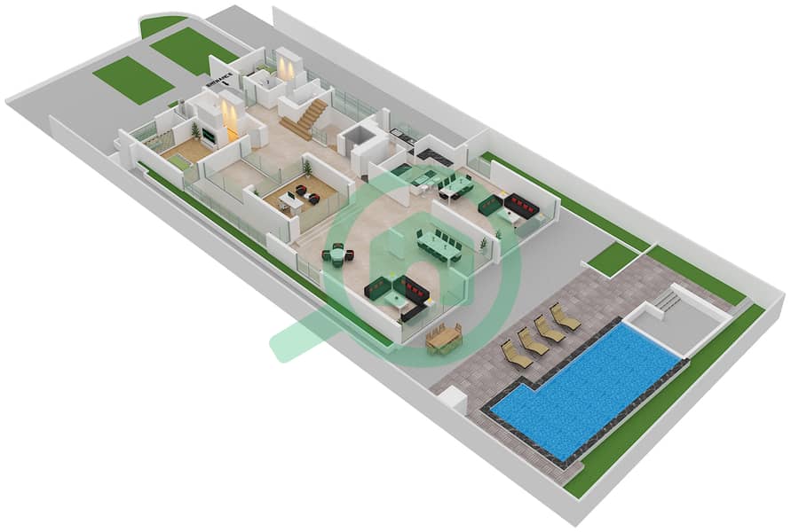 المخططات الطابقية لتصميم النموذج B فیلا 6 غرف نوم - هل سايد Ground Floor interactive3D