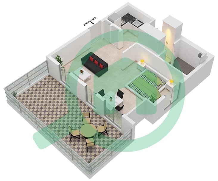 Нур 2 - Апартамент Студия планировка Тип H Floor 1 interactive3D