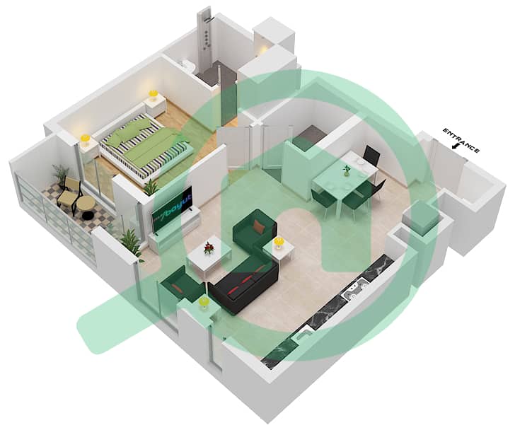 Нур 2 - Апартамент 1 Спальня планировка Тип C Floor 1-6 interactive3D