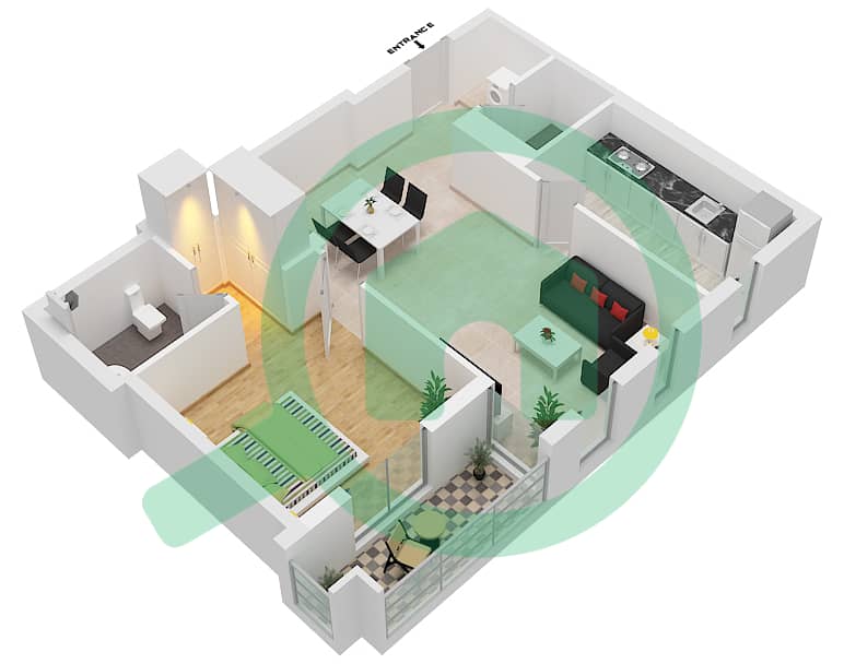 努尔2号楼 - 1 卧室公寓类型D戶型图 Floor 1-9 interactive3D