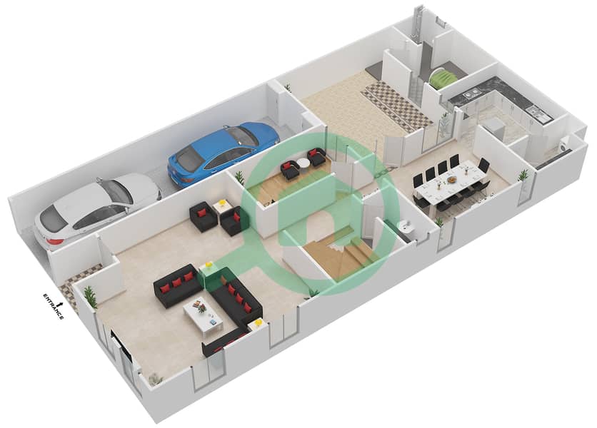 المخططات الطابقية لتصميم النموذج A2 فيلا تجارية 4 غرف نوم - المنطقة الأولى Ground Floor interactive3D