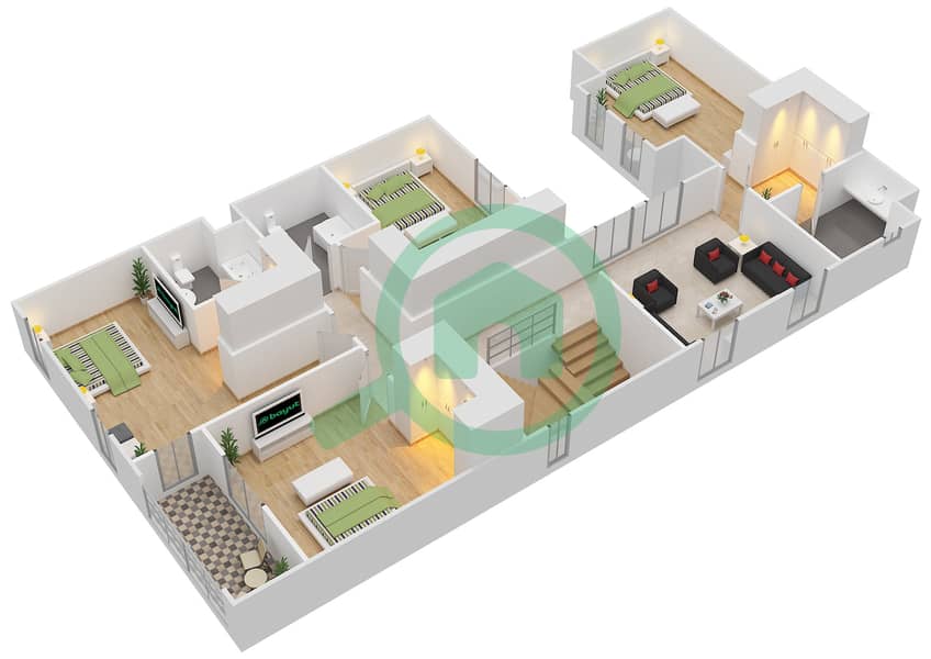 المخططات الطابقية لتصميم النموذج A2 فيلا تجارية 4 غرف نوم - المنطقة الأولى First Floor interactive3D