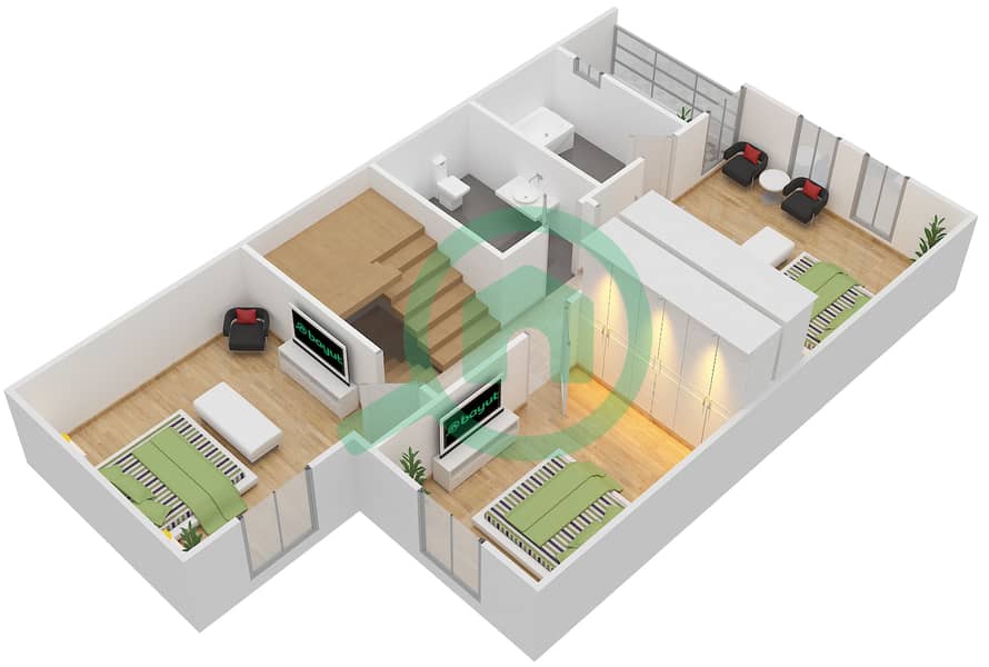 المخططات الطابقية لتصميم النموذج C2 فیلا 3 غرف نوم - المنطقة الأولى First Floor interactive3D