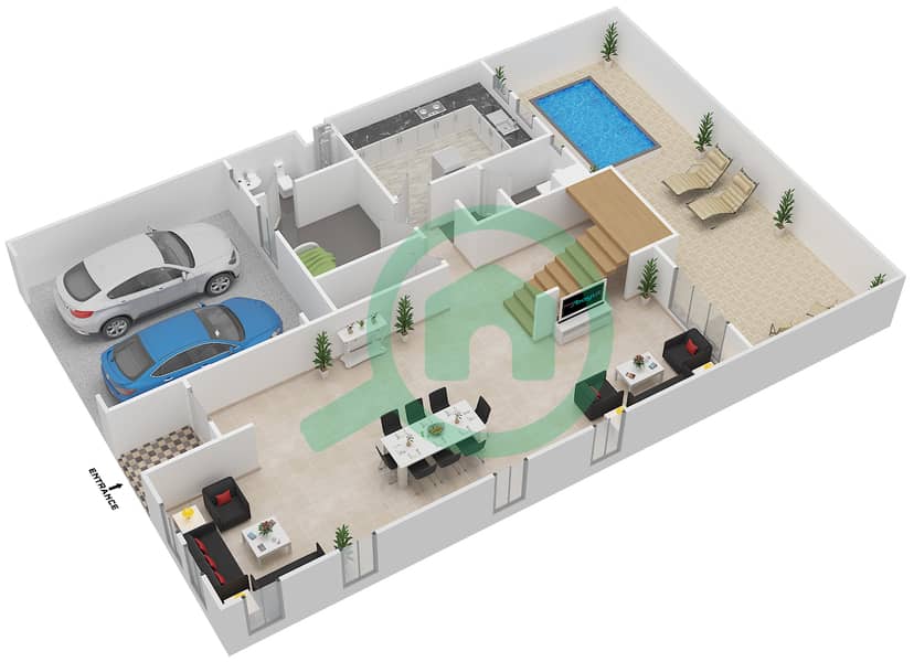 المخططات الطابقية لتصميم النموذج E1 فیلا 6 غرف نوم - المنطقة الأولى Ground Floor interactive3D
