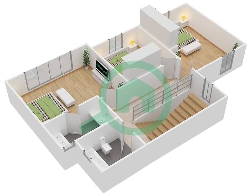 المخططات الطابقية لتصميم النموذج C2 فیلا 3 غرف نوم - المنطقة الثانية First Floor interactive3D