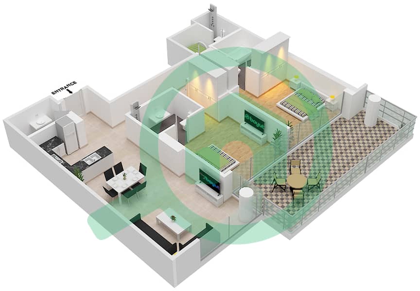 المخططات الطابقية لتصميم الوحدة 8 FLOOR 7 شقة 2 غرفة نوم - ياسمين A Floor 7 interactive3D