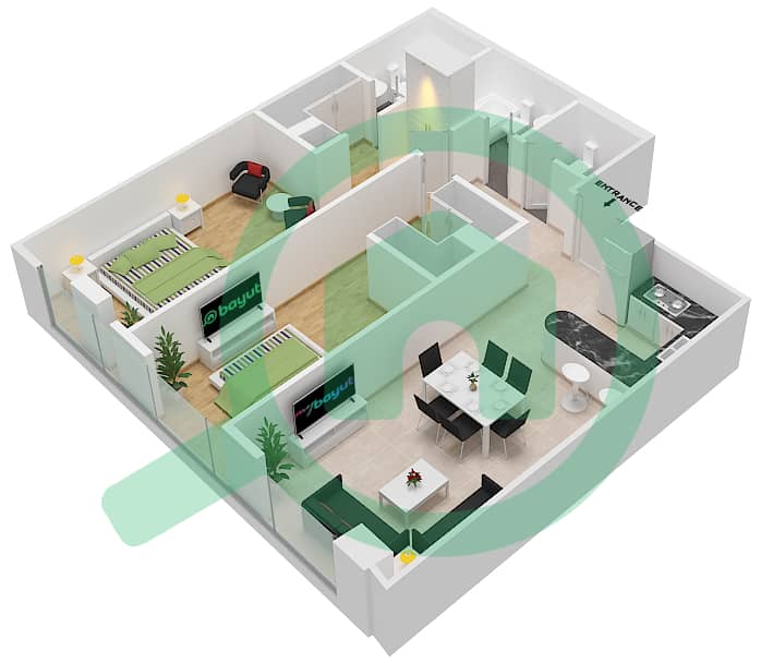 Marina Bay By DAMAC - 2 Bedroom Apartment Unit 101 Floor plan First-Second Podium interactive3D