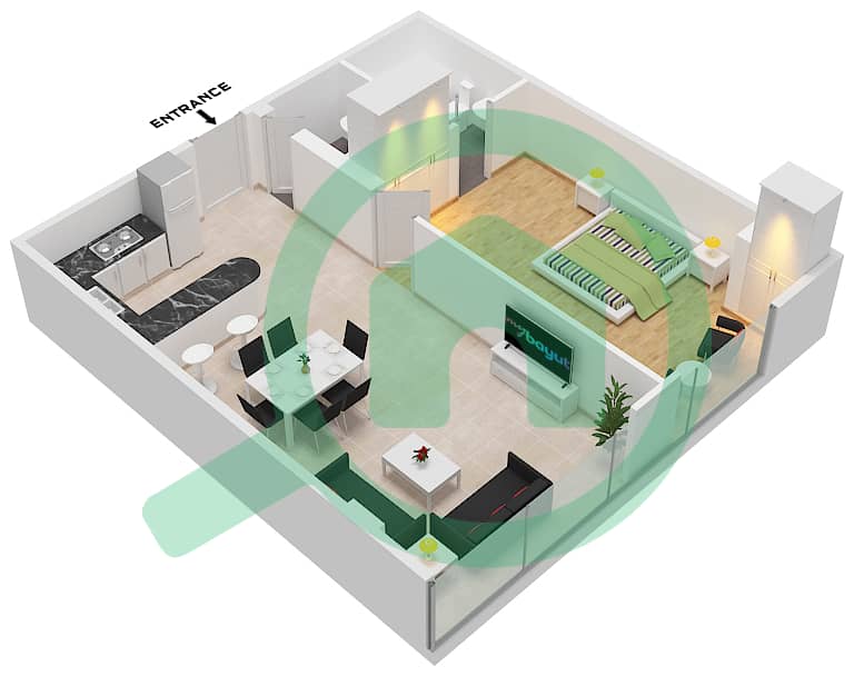 达马克滨海湾 - 1 卧室公寓单位107戶型图 First-Second Podium interactive3D