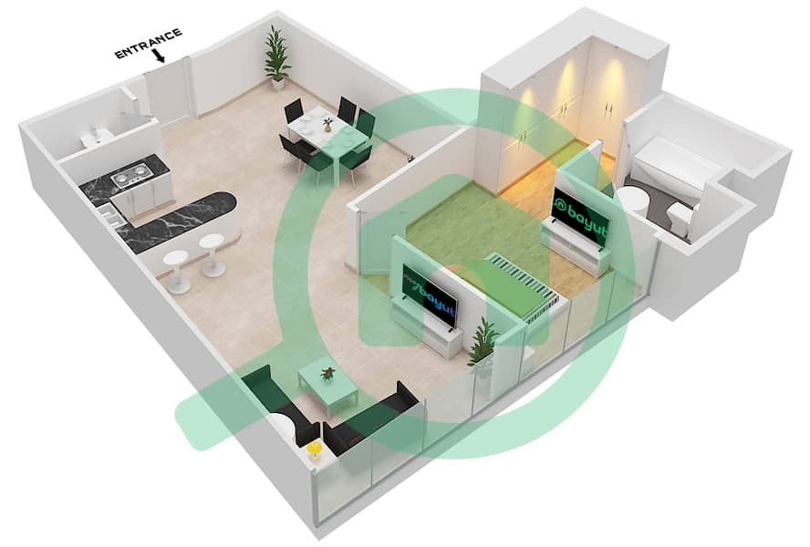 Marina Bay By DAMAC - 1 Bedroom Apartment Unit 110 Floor plan First-Second Podium interactive3D