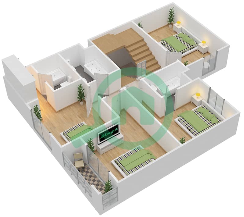 المخططات الطابقية لتصميم النموذج B1 فیلا 4 غرف نوم - المنطقة الثالثة First Floor interactive3D