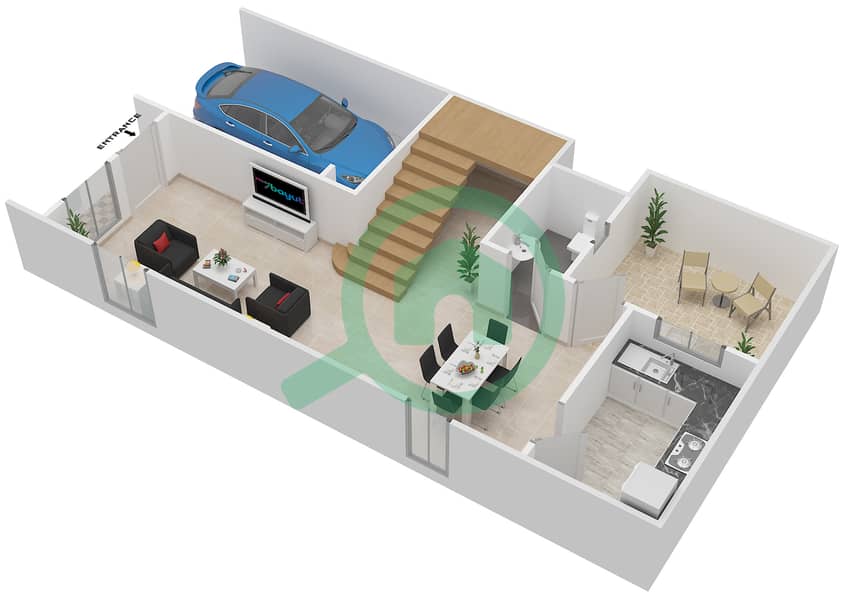 المخططات الطابقية لتصميم النموذج D3 فیلا 2 غرفة نوم - المنطقة الخامسة Ground Floor interactive3D