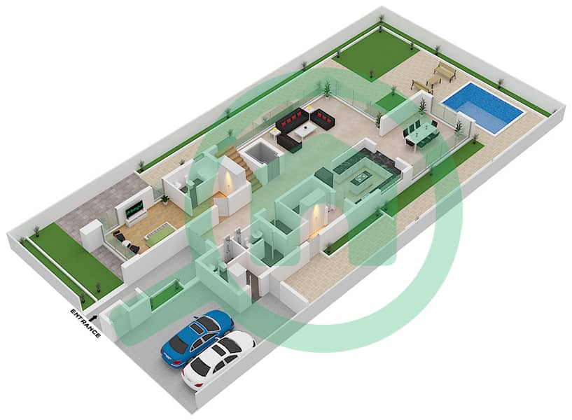 المخططات الطابقية لتصميم النموذج G2 فیلا 6 غرف نوم - جراند فيوز Ground Floor interactive3D