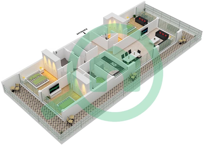 المخططات الطابقية لتصميم النموذج 2 شقة 3 غرف نوم - ياس بيتش ريزيدنس interactive3D