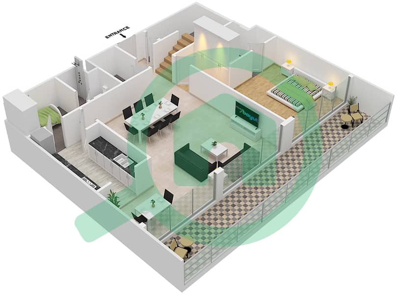المخططات الطابقية لتصميم النموذج E شقة 3 غرف نوم - ياس بيتش ريزيدنس Lower Floor interactive3D