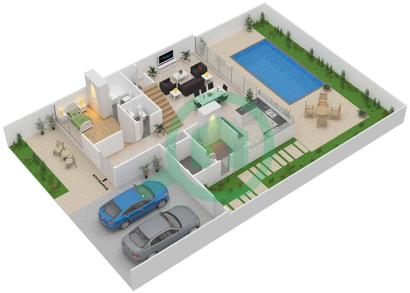 المخططات الطابقية لتصميم النموذج 01F فیلا 4 غرف نوم - جميرا لاكشري Ground Floor interactive3D