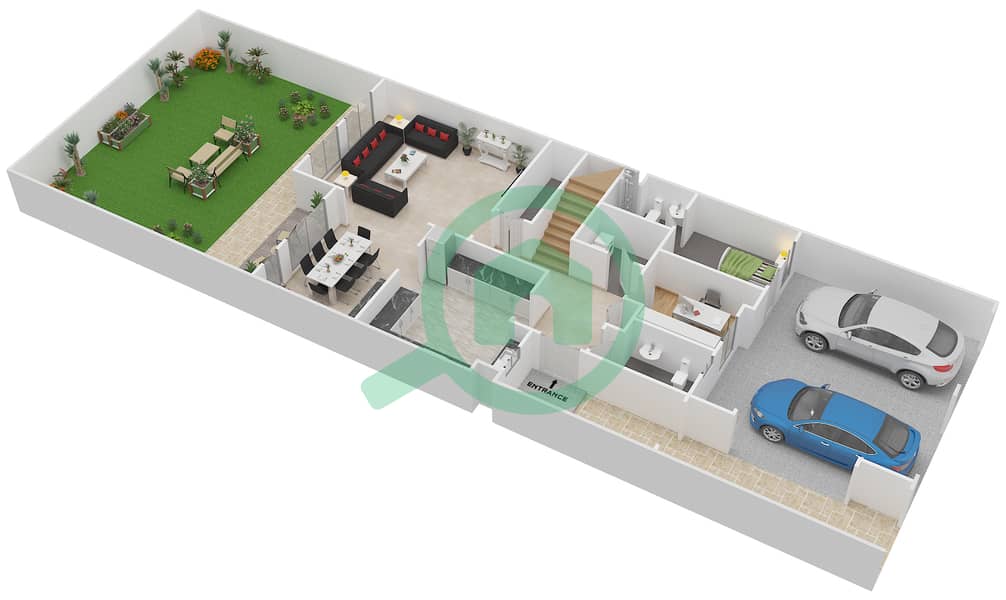 Спрингс 5 - Вилла 3 Cпальни планировка Тип T-U MIDDLE Ground Floor interactive3D