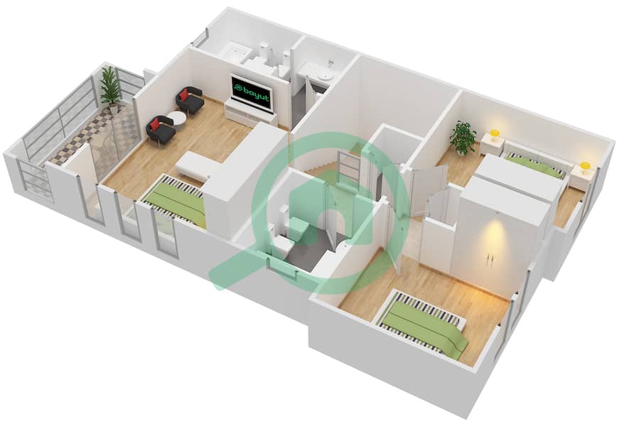 Спрингс 9 - Вилла 3 Cпальни планировка Тип 3 END UNIT First Floor interactive3D