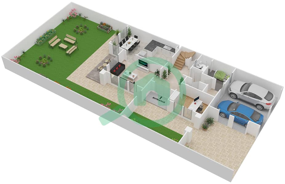 المخططات الطابقية لتصميم النموذج 1E فیلا 3 غرف نوم - الينابيع 9 Ground Floor interactive3D