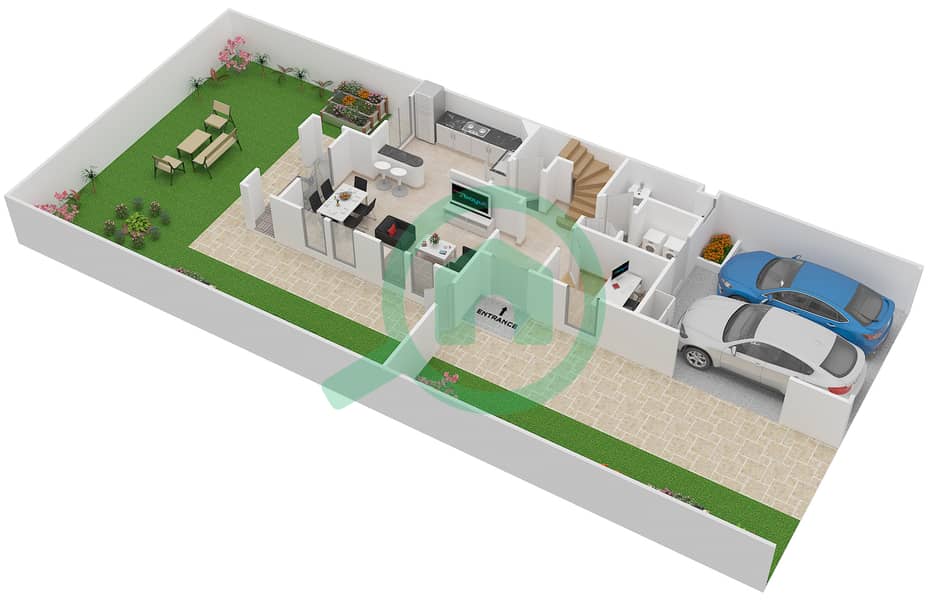المخططات الطابقية لتصميم النموذج 4E فیلا 2 غرفة نوم - الينابيع 9 Ground Floor interactive3D