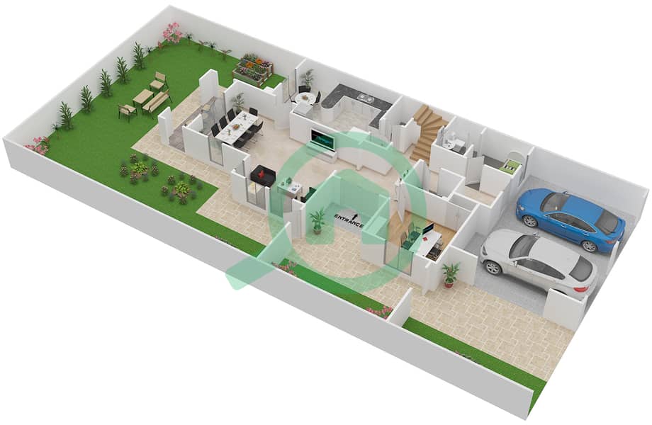 المخططات الطابقية لتصميم النموذج 2E فیلا 3 غرف نوم - الينابيع 9 Ground Floor interactive3D