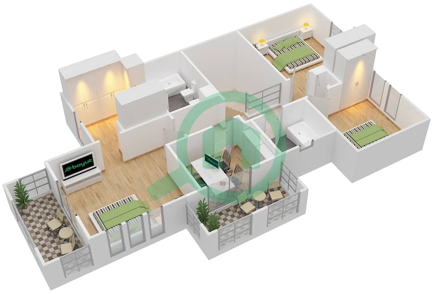 المخططات الطابقية لتصميم النموذج 2E فیلا 3 غرف نوم - الينابيع 9 First Floor interactive3D
