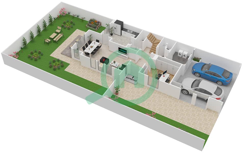 المخططات الطابقية لتصميم النموذج 3E فیلا 3 غرف نوم - الينابيع 9 Ground Floor interactive3D