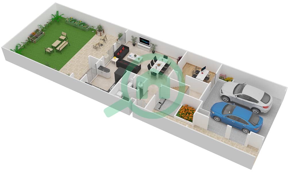 المخططات الطابقية لتصميم النموذج 3M فیلا 3 غرف نوم - الينابيع 9 Ground Floor interactive3D