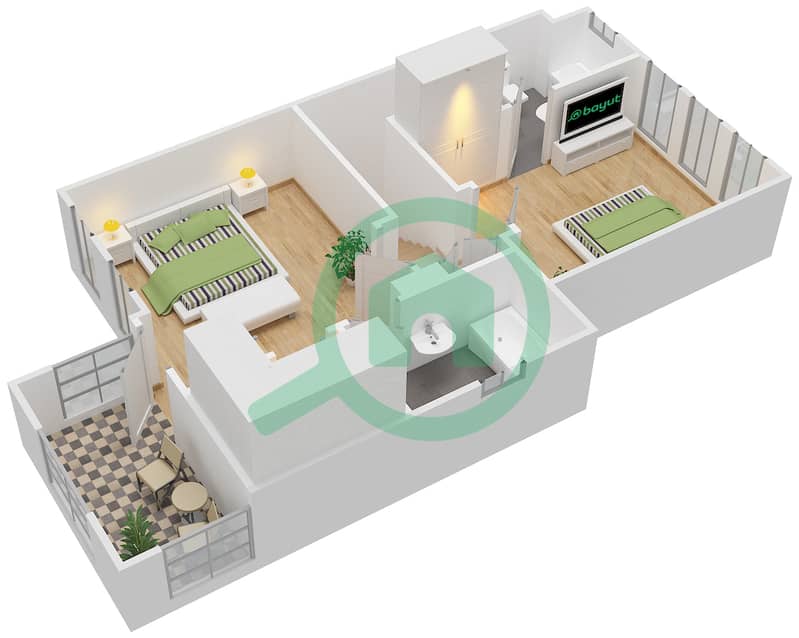 المخططات الطابقية لتصميم النموذج 4E فیلا 2 غرفة نوم - الينابيع 10 First Floor interactive3D