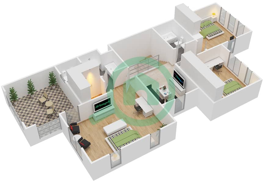 Спрингс 11 - Вилла 3 Cпальни планировка Тип 1E First Floor interactive3D