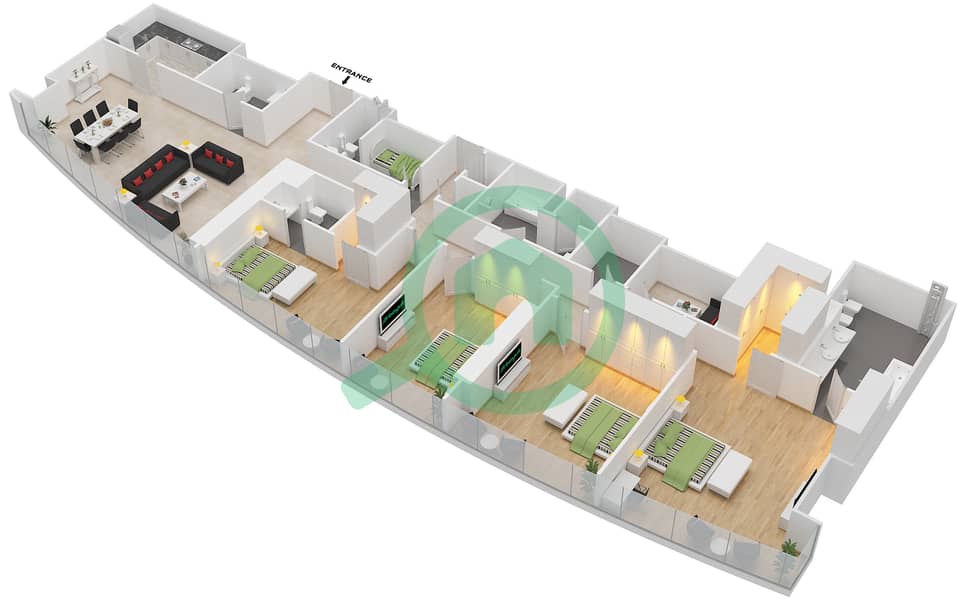 Тауэр Нэйшн A - Апартамент 4 Cпальни планировка Тип 4C Floor 62-63 interactive3D