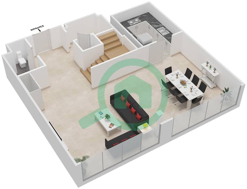 المخططات الطابقية لتصميم النموذج LOFT 2B شقة 2 غرفة نوم - أبراج النيشن A Lower Floor 4-60 interactive3D
