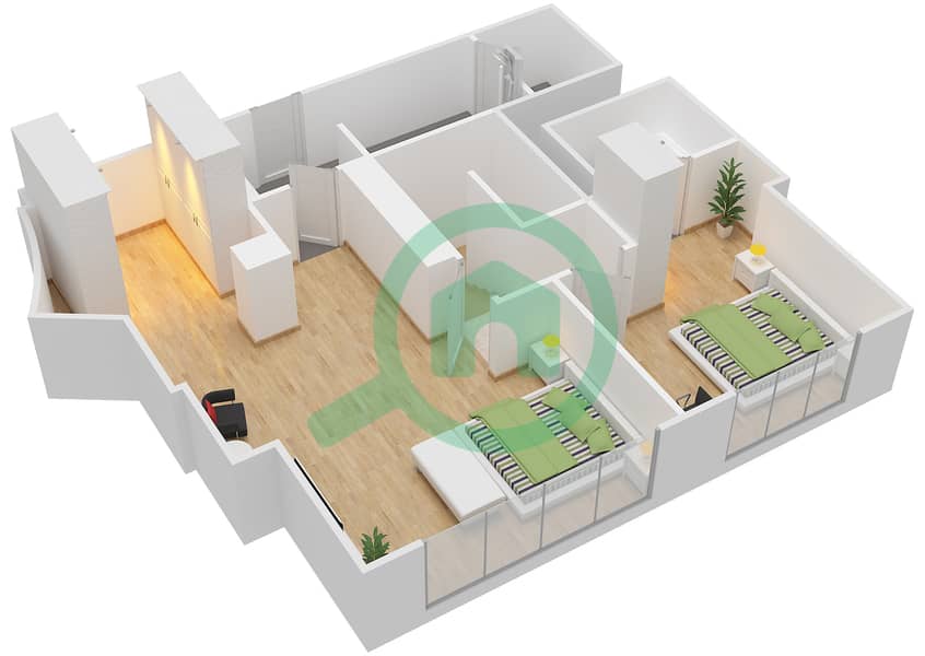 Тауэр Нэйшн A - Апартамент 2 Cпальни планировка Тип LOFT 2J Upper Floor 52-60 interactive3D