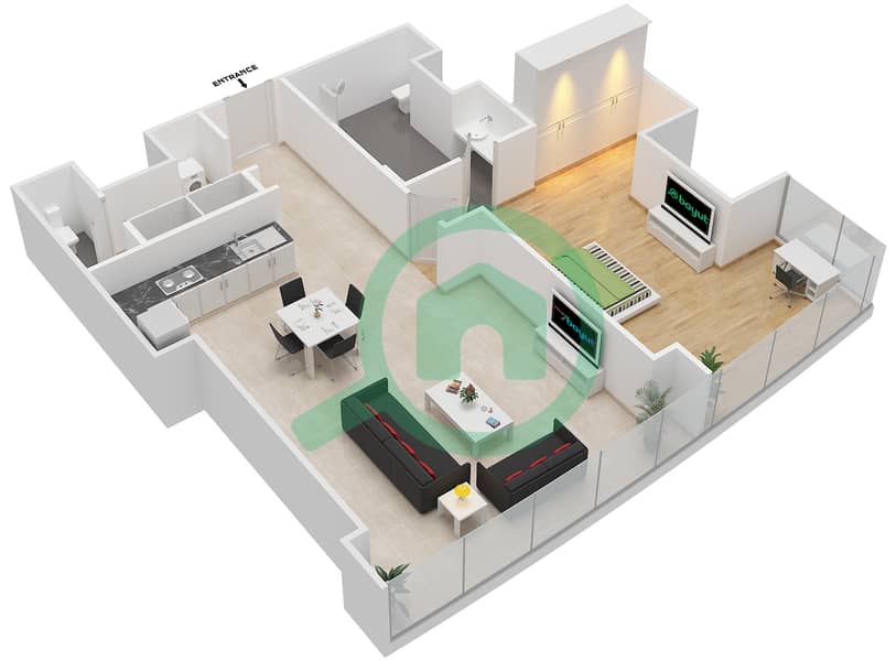 المخططات الطابقية لتصميم النموذج 1B شقة 1 غرفة نوم - أبراج النيشن A Floor 4-50 interactive3D