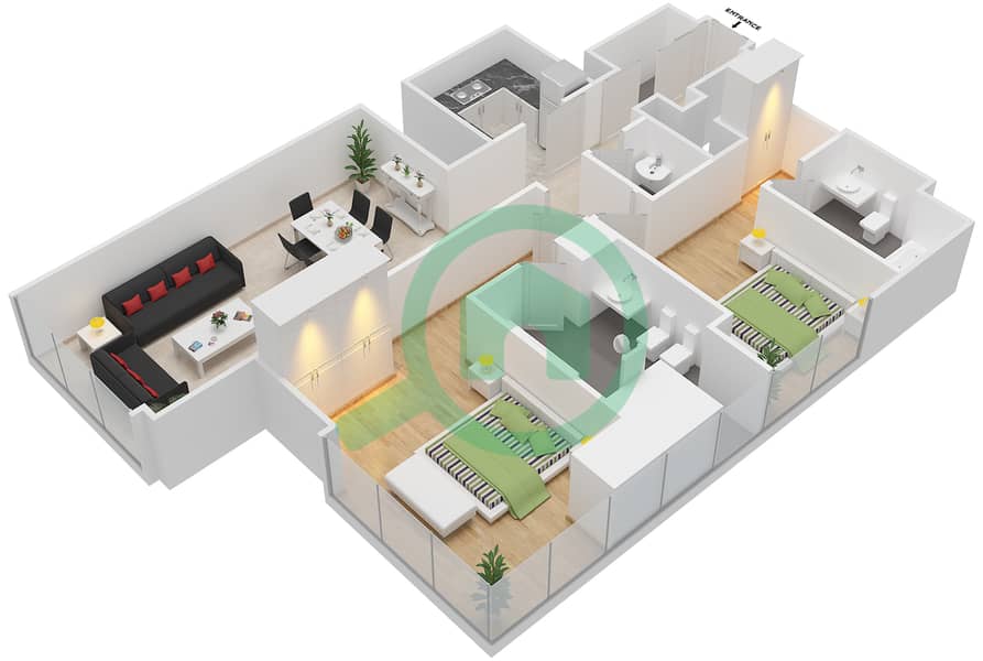 المخططات الطابقية لتصميم النموذج 2D شقة 2 غرفة نوم - أبراج النيشن A Floor 4-50 interactive3D