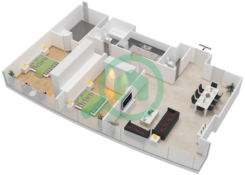 المخططات الطابقية لتصميم النموذج 2G شقة 2 غرفة نوم - أبراج النيشن A Floor 52-60 interactive3D